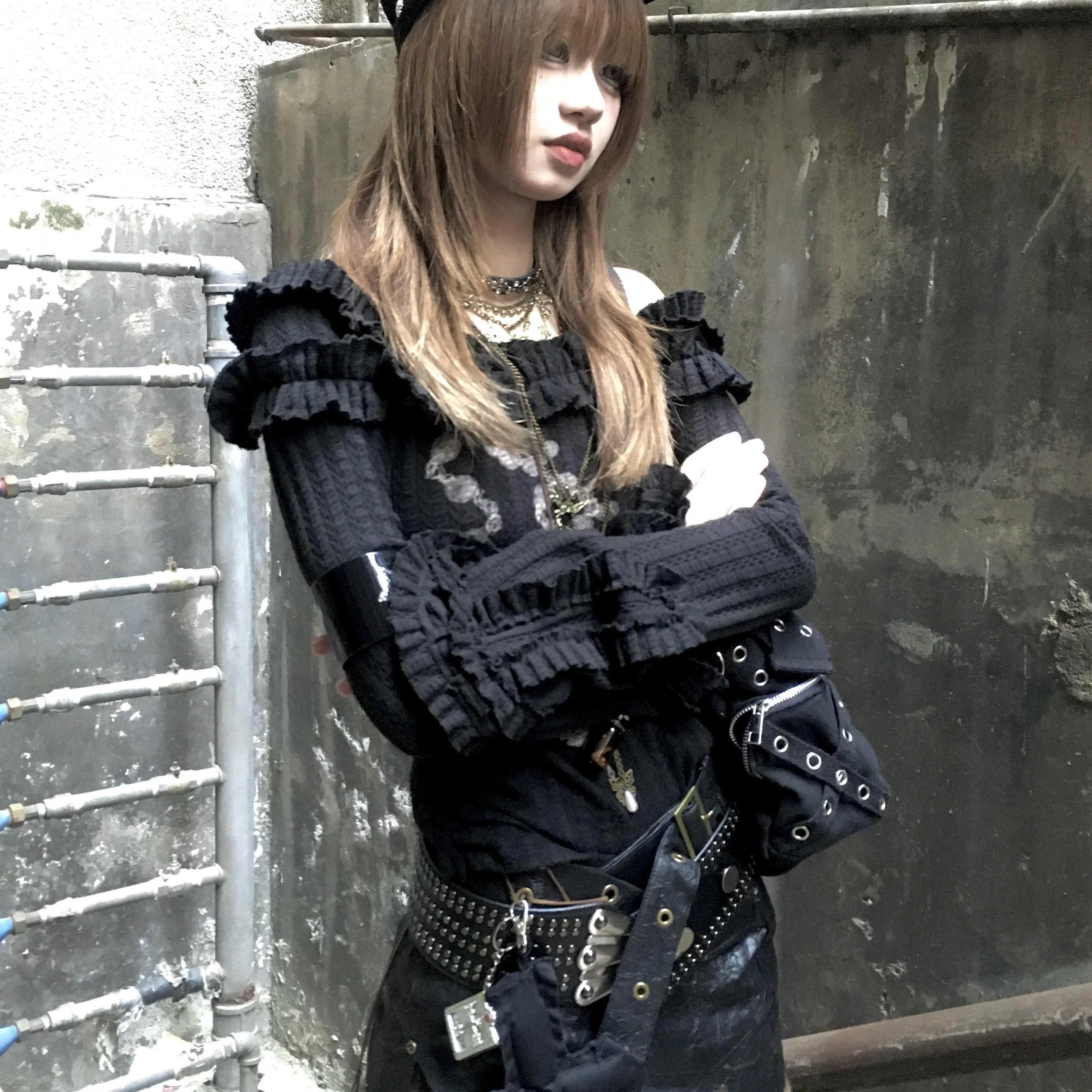 

Хэллоуин Y2K Design Ayliean Culture Ретро Pure Desire Принт на одно плечо Расклешенный све Вязаный топ Street Sle Slim Fit Lon...