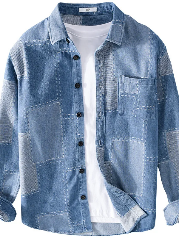 

Faionable Long Sve Мужская джинсовая ткань Молодежная летняя повседневная свободная посадка Классический клетчатый узор Европейский простой сле