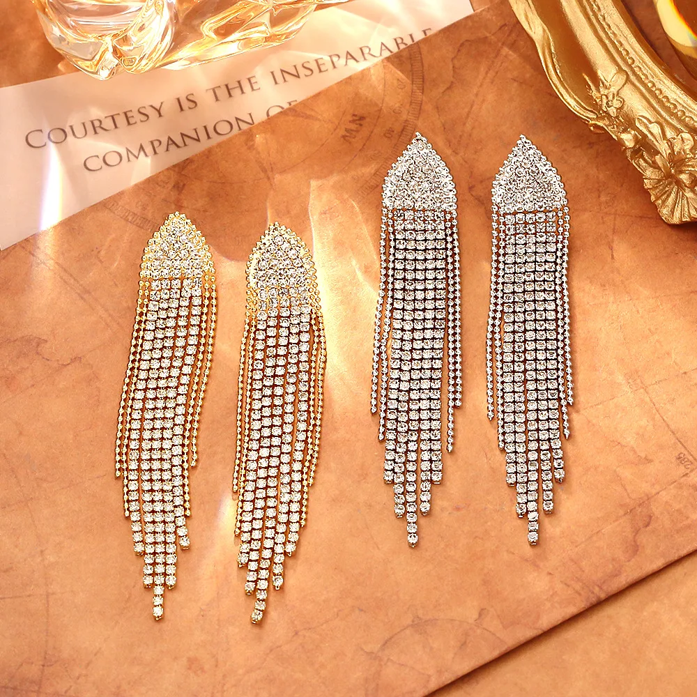 

Super flash zircon long tassel earrings, high-end fashionable fairy earrings, exquisite and versatile earrings for women