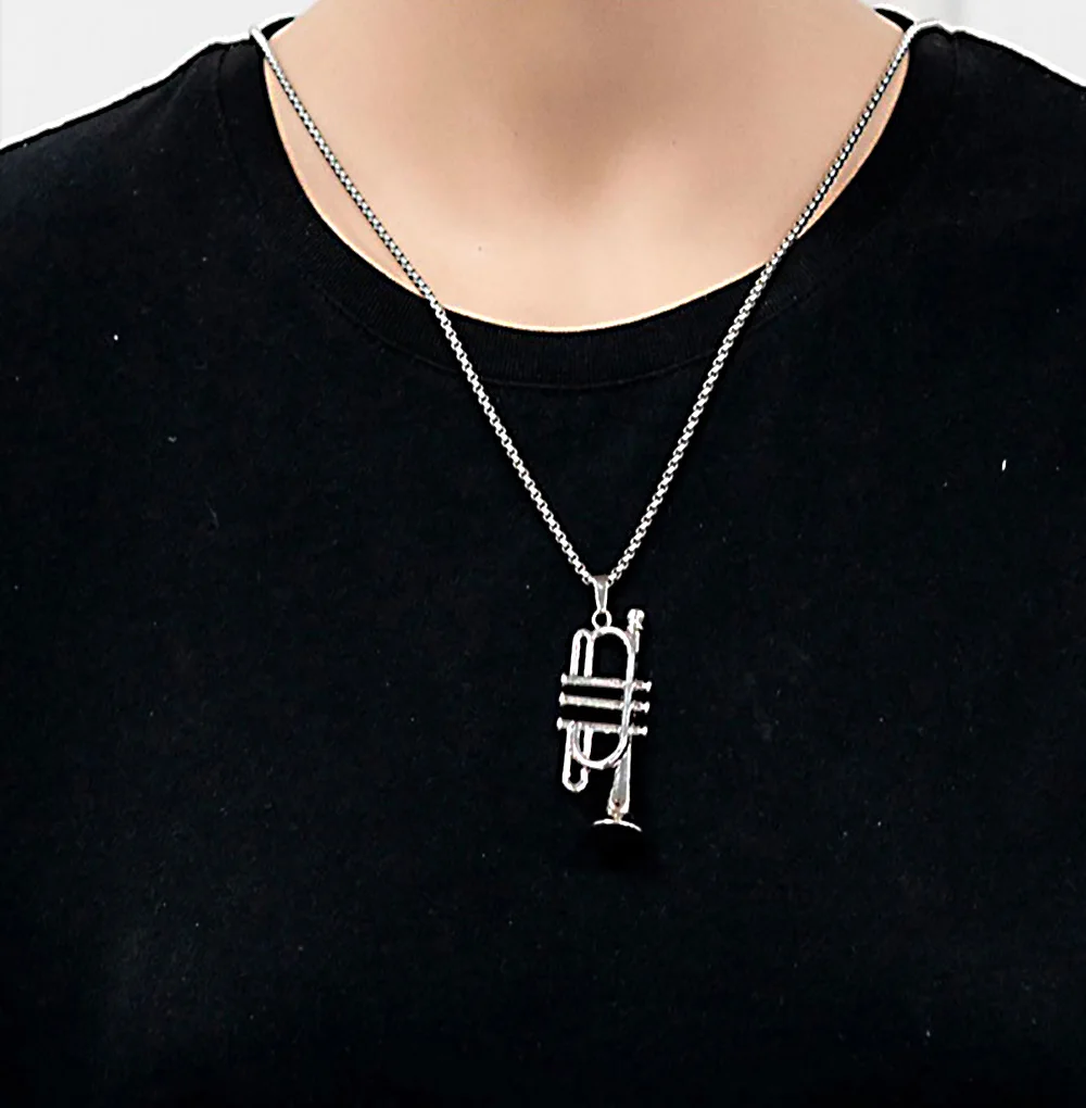 Metal Trumpet Necklace Mens Alloy Silvery Instrument Pendant Necklaces Long Chain Chokers Men\'s Rock Band Jewelry Charms Gifts