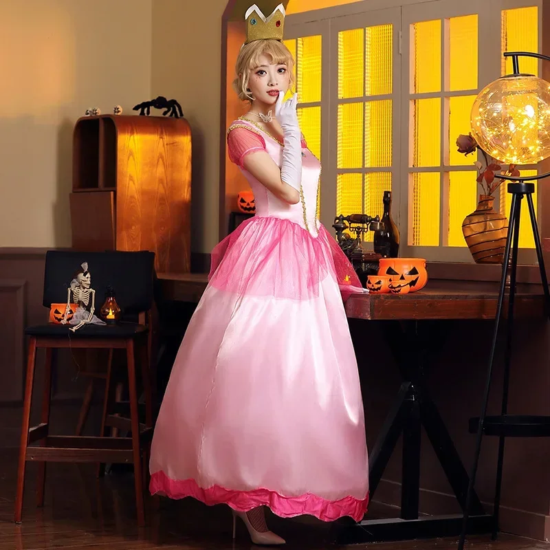 Peach Princess Classic Game Costume Girls Carnival Cosplay Party Pink Dress Birthday Stage Luscious Uniform Headwear Gloves