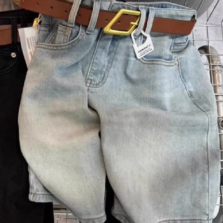 orts de Jeans de Cintura Alta Elásticos para Mulheres, Calças de Verão Slim com Pernas Retas, Calças de Cinco Pontos para C...
