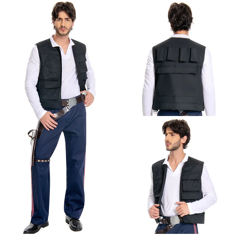 

Movie Space Battle Han Solo Cosplay Fantasia Costume Uniform Shirt Vest Pants Belt Outfit Halloween Party Clothing for Adult Men
