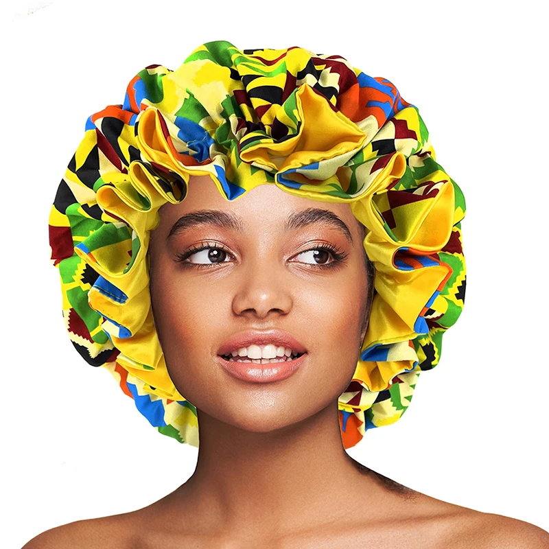 African Pattern Print Bonnet Hijabs Hat Women Night Sleep Cap Double Layer Satin Turban Extra Large Head Wear Lady Head Wrap Hat