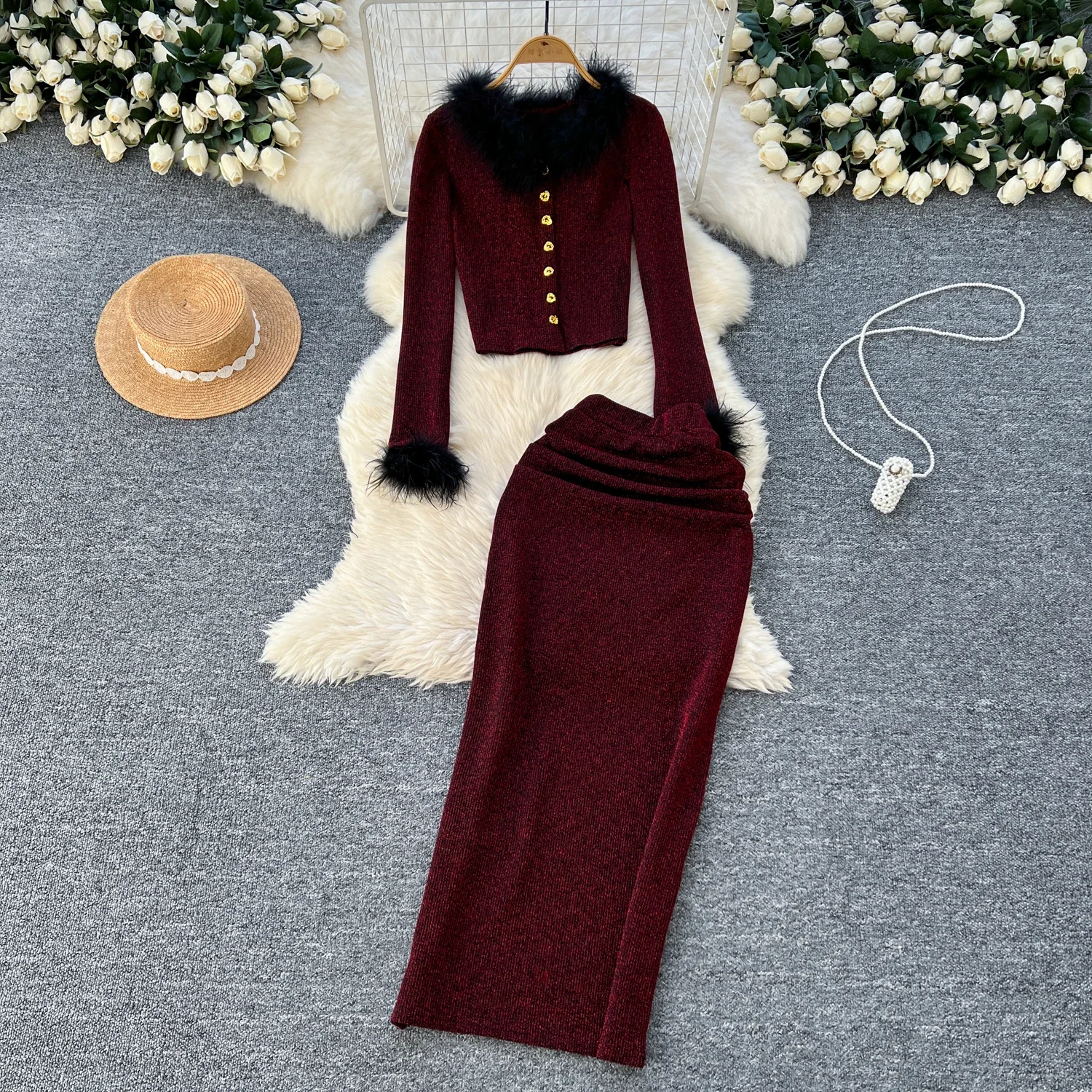 Chic Women Two-Piece Sets Vintage Faux Collar Single Breasted Top and High Waist Skirt Korean High Street Autumn Winter Clothing