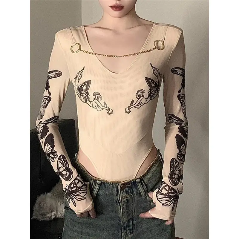 

Long Sve T-irt Onesie Slim Fit Chain Print Versatile Outerwear Korean Sle Faionable Low Waist orts Polyester Fiber