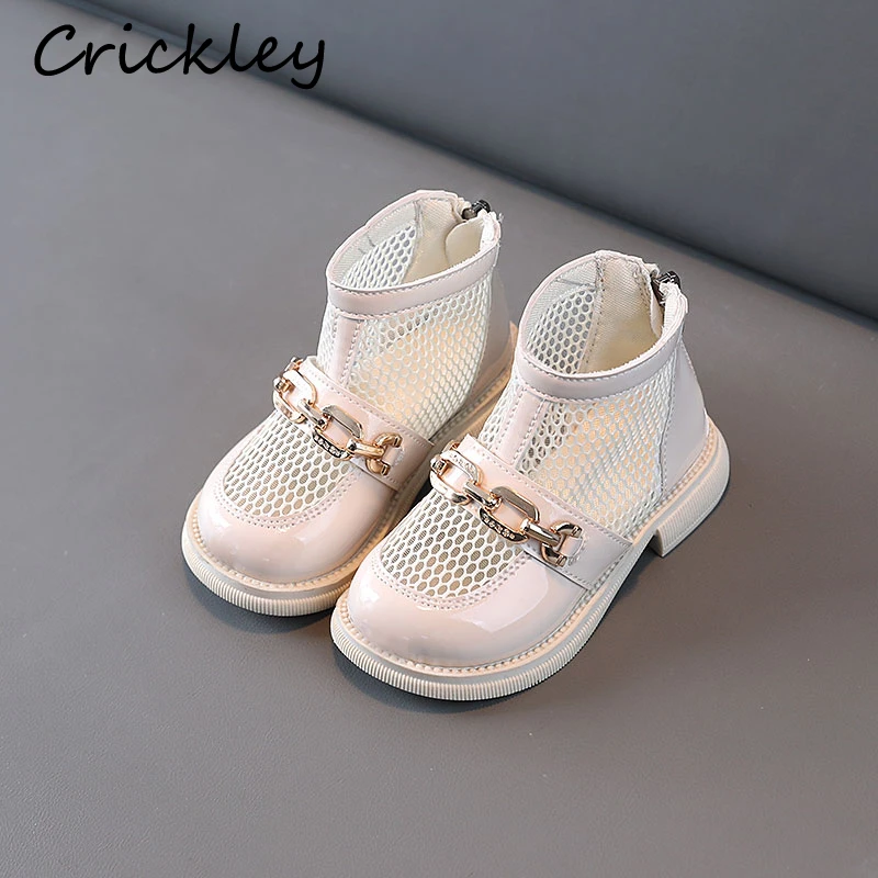 Spring Summer Chain Decoration Kids Boots Mesh Solid Patent Leather Ankle Shoes For Children Non Slip Zipper Girls Fashion Boots