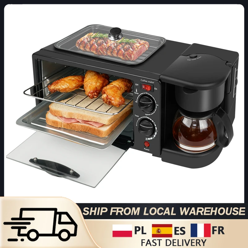 Station de petit-déjeuner 3 en 1, grille-pain multifonction, four électrique, machine à café à filtre 600 ml, poêle antiadhésive pour steak