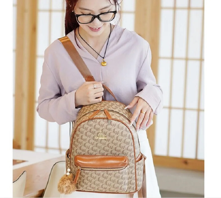 New Women\'s High Quality Soft Leather Backpacks Fashion Vintage Printed Shoulder Bags Totes Casual Travel Backpack School Bag