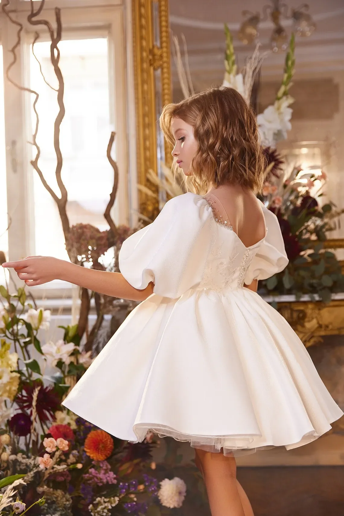 Vestido de niña de flores con lentejuelas hinchadas para boda, manga corta, vestido de fiesta de princesa de satén marfil, vestido de baile de primera comunión