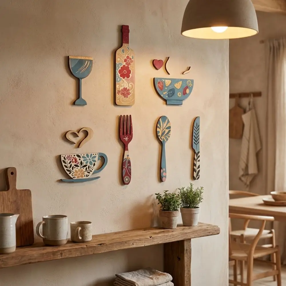 Vintage Wood Floral Kitchen Utensil Pendant Farmhouse Style Hand-painted Rustic Wall Sticker Ornaments Decorative