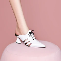 Women's New Spring/Summer Pointed Genuine Leather Cow Lacquer Leather Lace up Hollow High Heel Breathable Baotou Muller Slippers