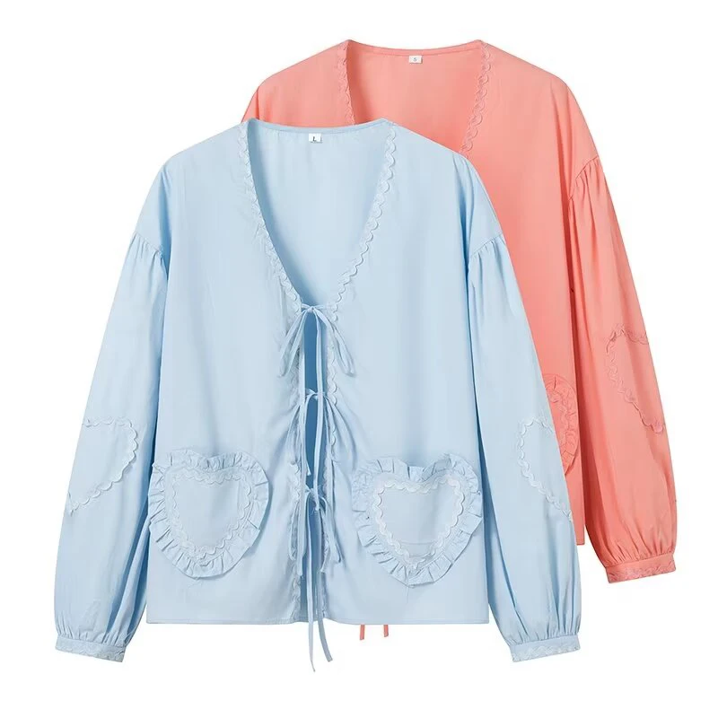 

YENKYE Sweatheart Lace Up Shirt For Women Spring Summer Long Sleeve Cardigan Blouse Female Elegant V Neck Chic Lady Street Tops