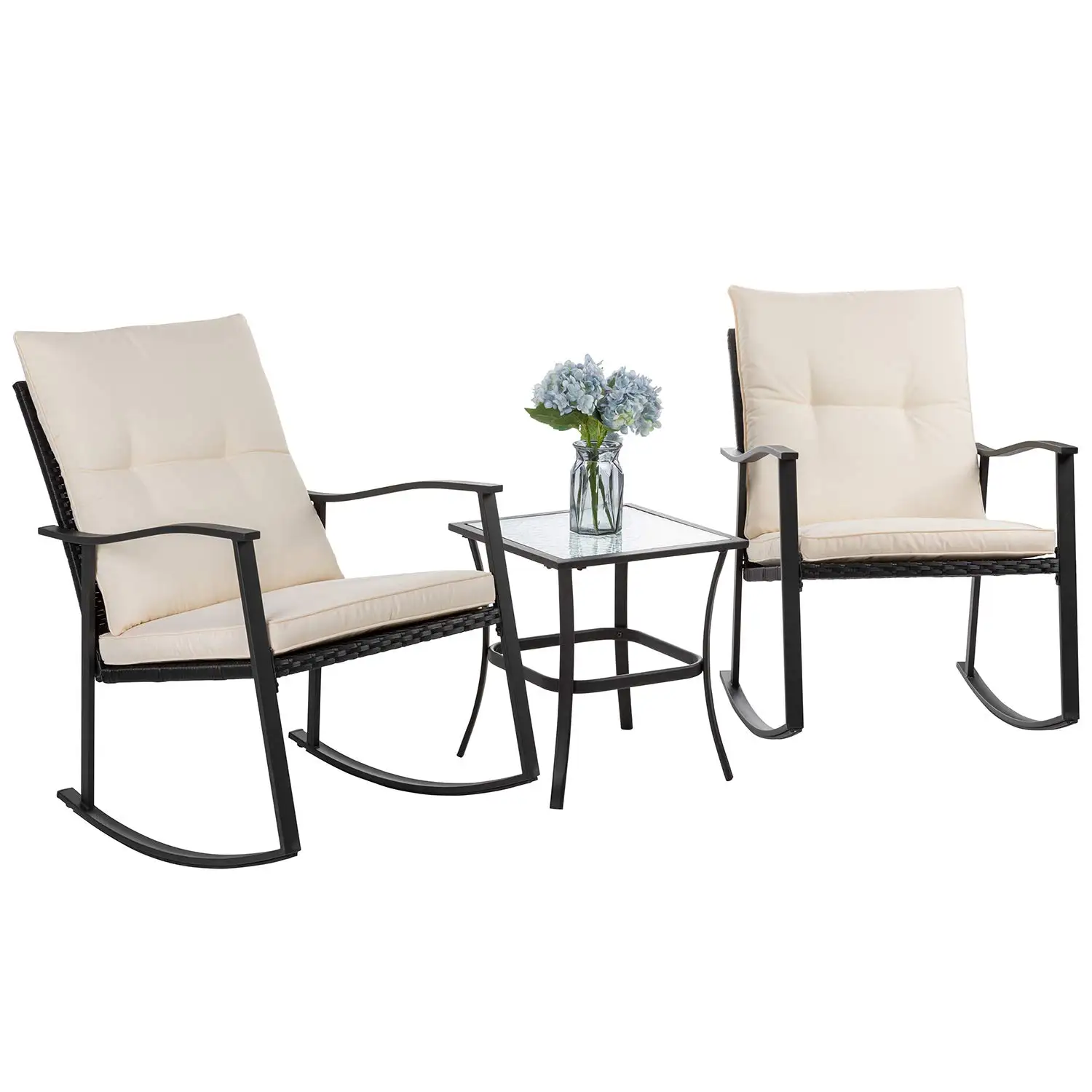 3 Piece Outdoor Rocking Chair Set, PE Wicker Rattan Small Bistro Set, Front Porch Furniture Rocking Chairs Set of 2