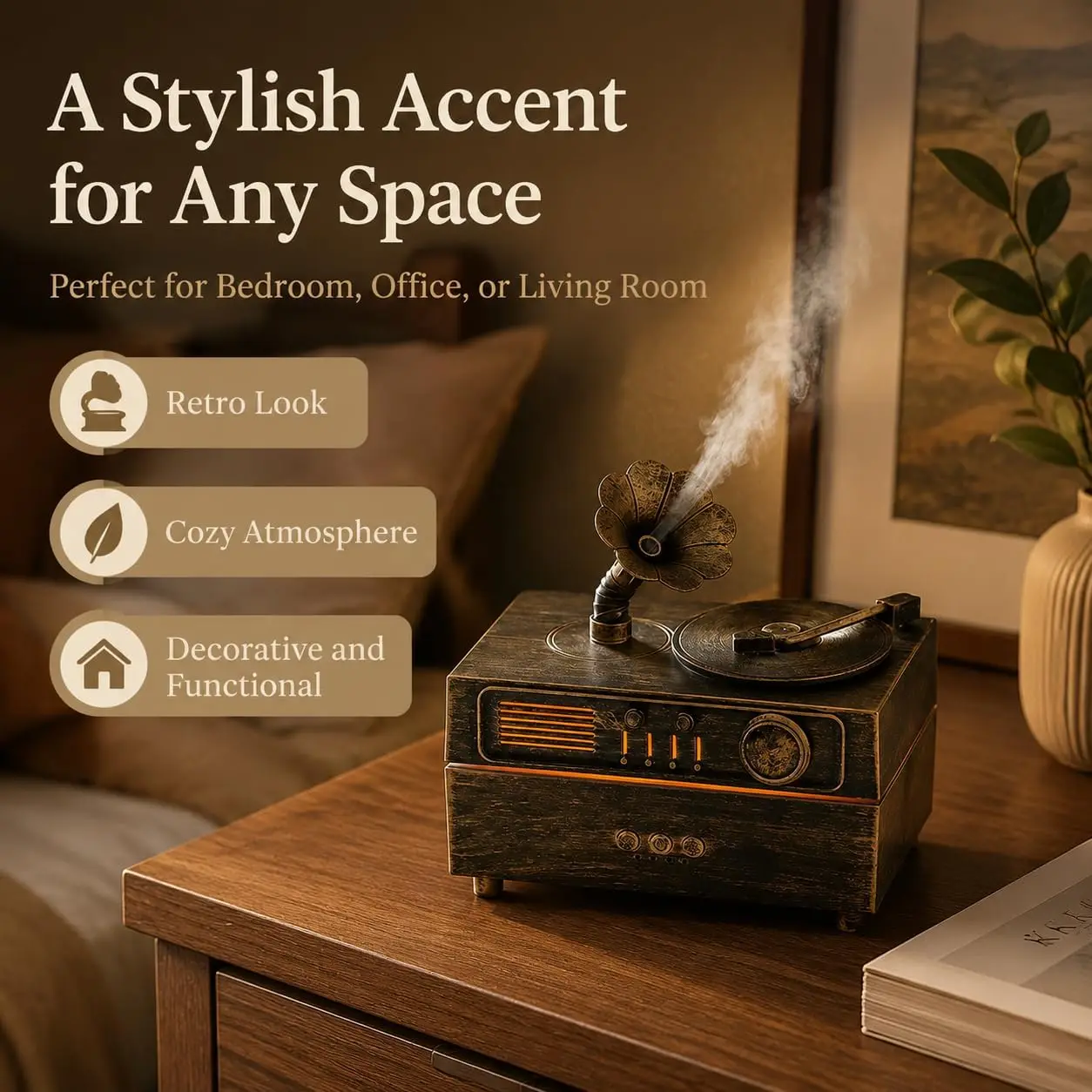 2026 New Upgrade Vintage Gramophone Humidifier, 160ML Aroma Diffuser With Colorful LED Light, Remote Control, Auto Shut-Off, 3 T