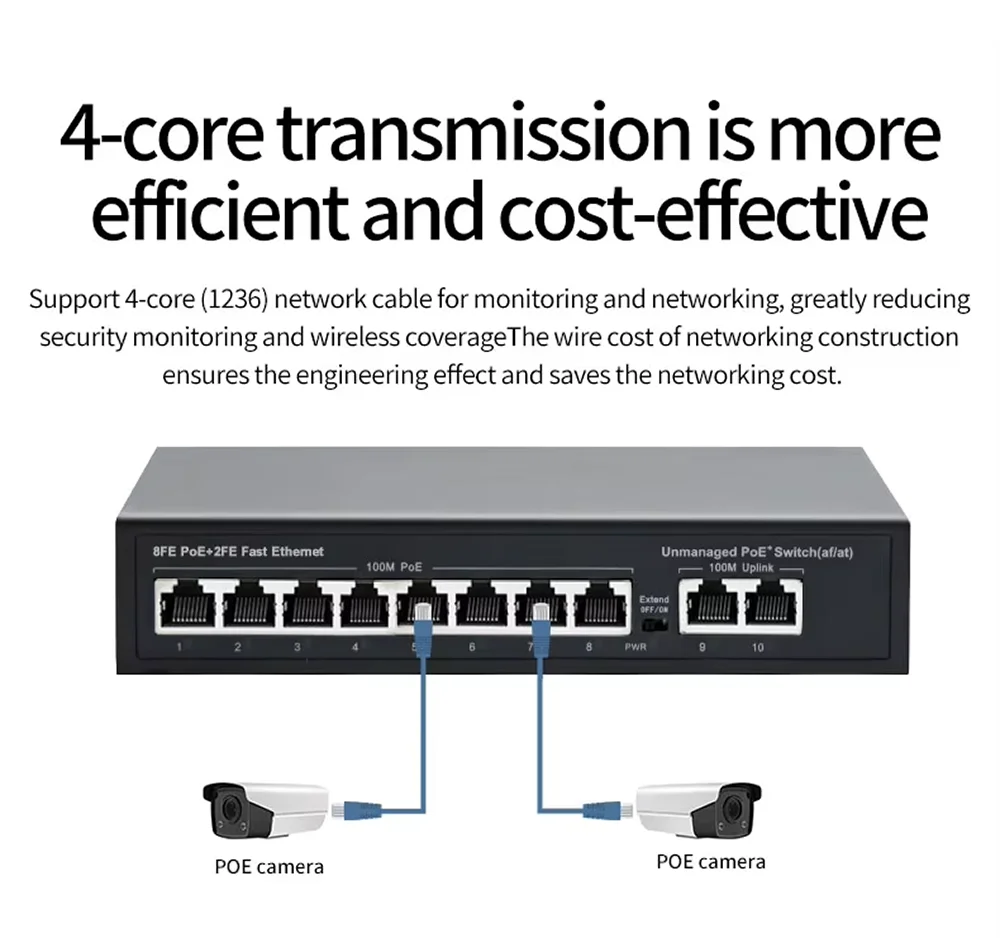 100 MBit/s 10 Ports Poe Switch ,8 * Poe Port 2 * Uplink Port Poe Switch Standard protokoll 120W eingebaute Leistung für Poe-Kamera