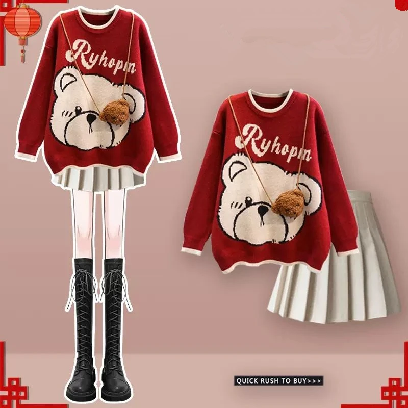 Sping Autumn New Lucky Red Sweater Pleated Mini Skirts 1 or 2 Piece Set Women Cute Bear Knit Pullover Skirt Outfits Top with Bag