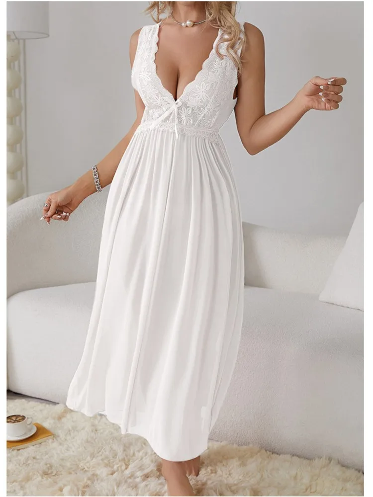 Sexy Pajamas Long Nightgown Home Wear Fashion Lace Dress For Women Deep V Sleepwear Chiffon Nightdress Wedding Night Clothes