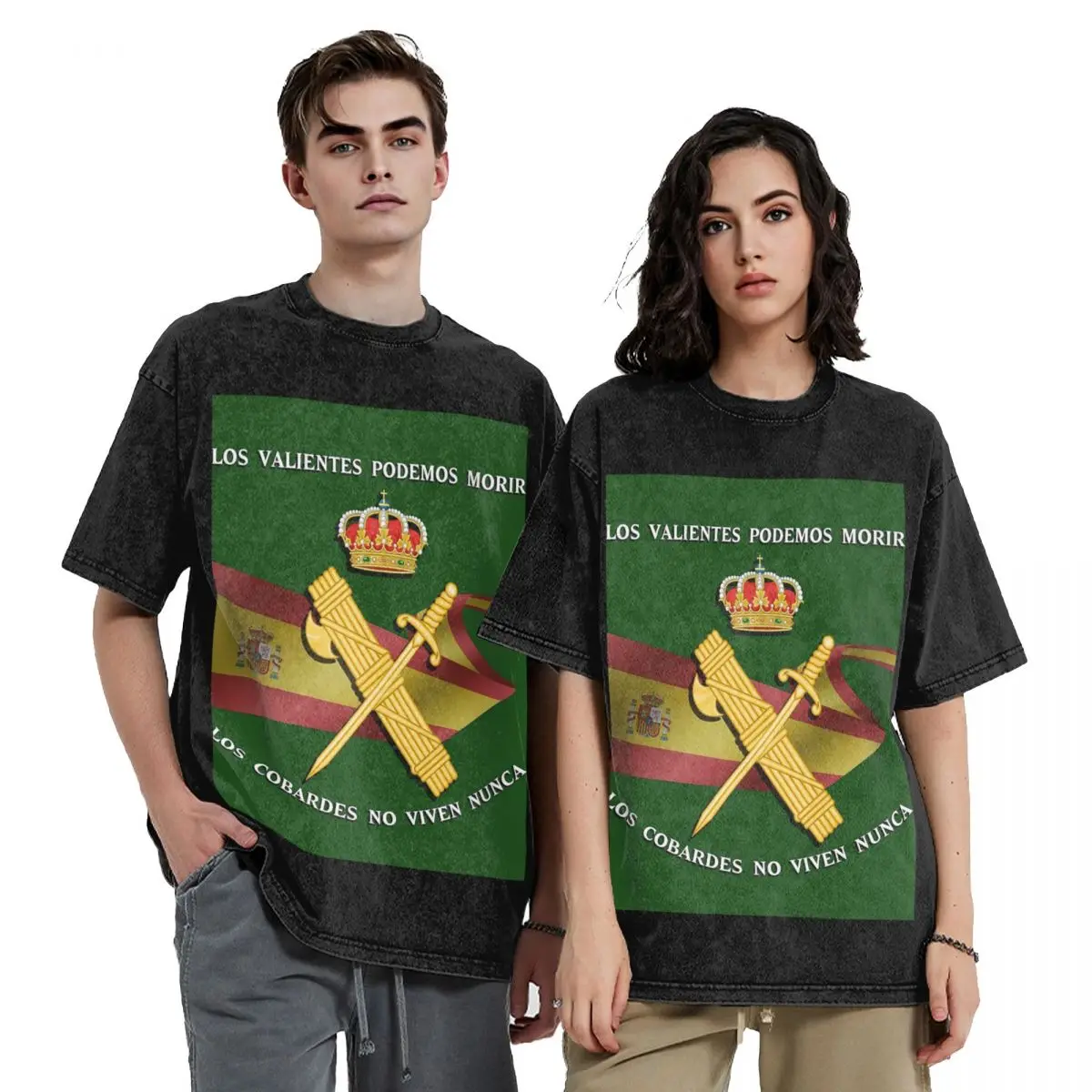 Spanish Guard Civil Spain Flag Washed T Shirts Vintage Short Sleeve Hip Hop T-Shirt Streetwear Tops Tees for Men Women