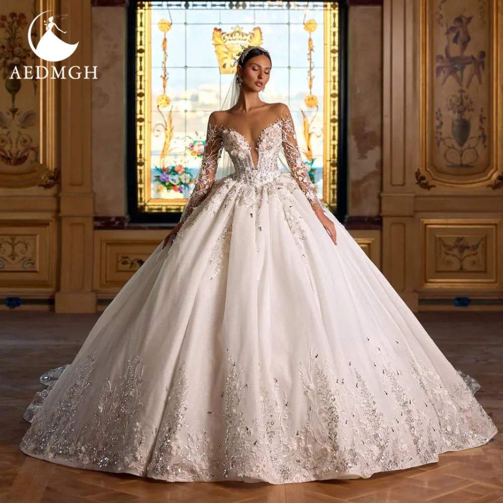 Aedmgh A-Line Glitter Wedding Dresses O-Neck Long Sleeve Vestido De Novia Lace Embroidery Charming Custom Made Bridal Gown