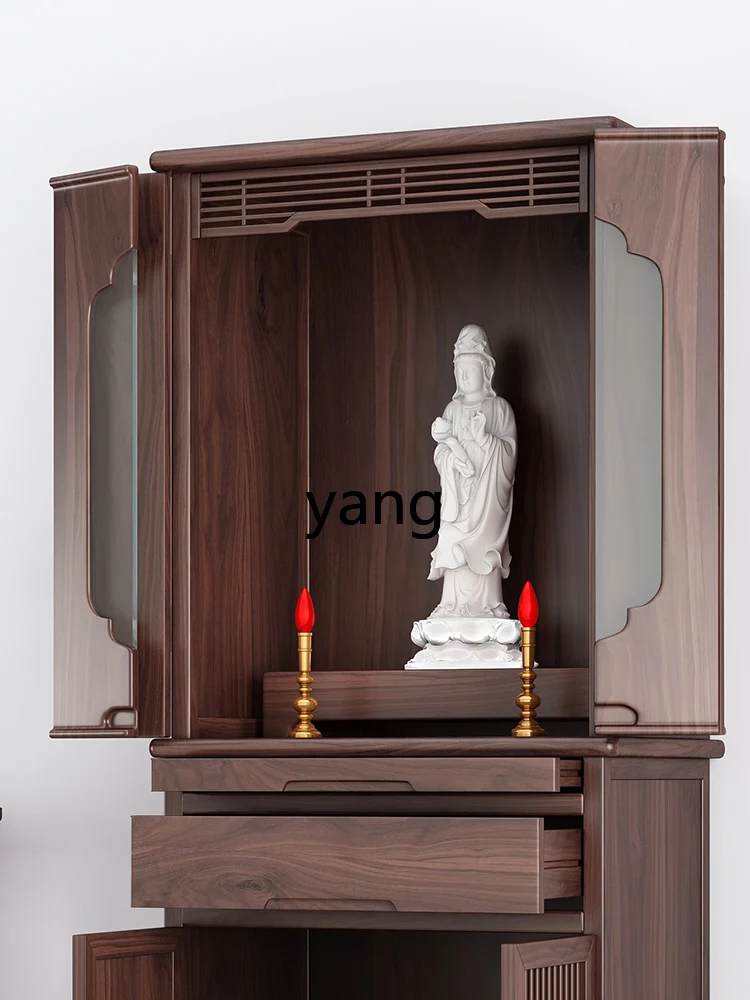 LMM Modern Black Walnut Solid Wood Buddha Niche with Door Clothes Closet Household Light Luxury God of Wealth Guanyin Altar