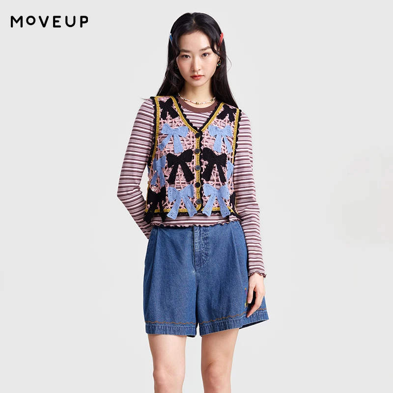 

Женский вязаный жилет MOVEUP 2026 Весна, черный/синий, с аппликациями-бантиками, без рукавов, с V-образным вырезом, тонкий, ажурный, 3ELC31001