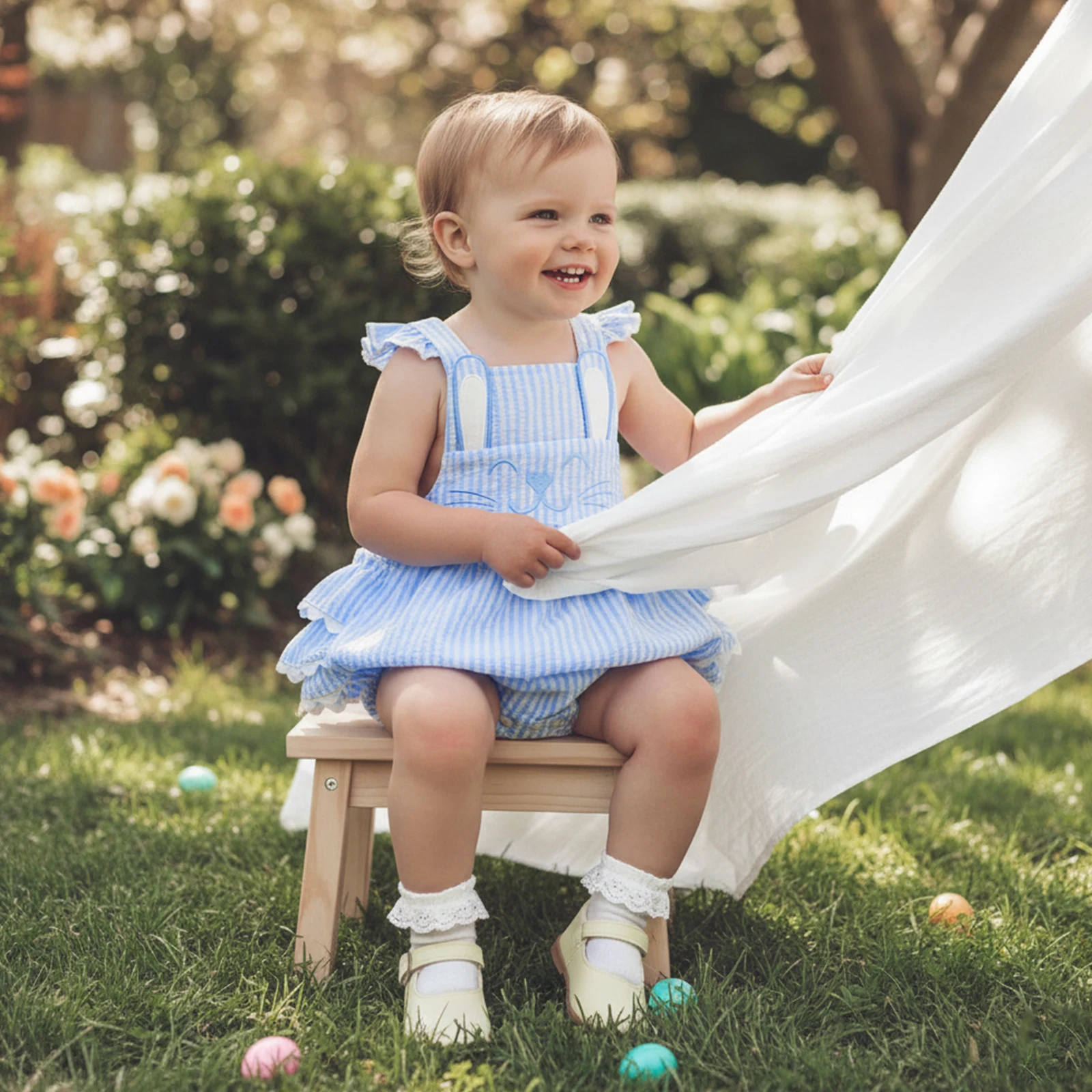 Baby Girl Easter Plaid Romper Bunny Embroidery Sleeveless Jumpsuit Cute Bodysuit