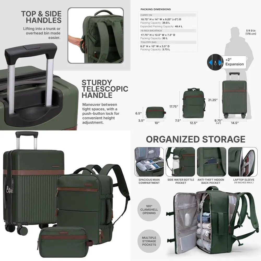 

3-Piece Luggage Set: 21 Hardside Carry-On, 18 Laptop Backpack, Toiletry Bag, Green