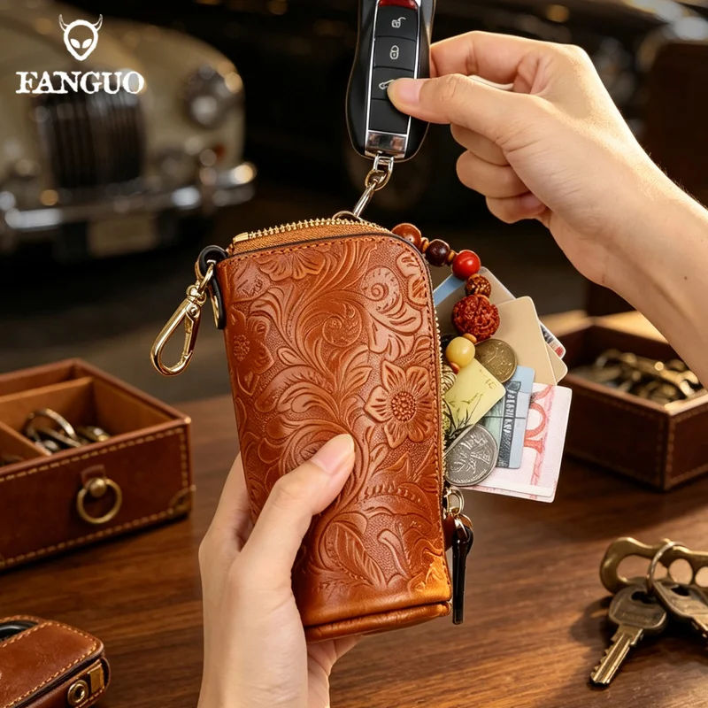 Genuine Leather Men's Car Keychain Cowhide Key Case High Quality Men's Butler Keys Clip Zipper Two Card Coin Purse Cover