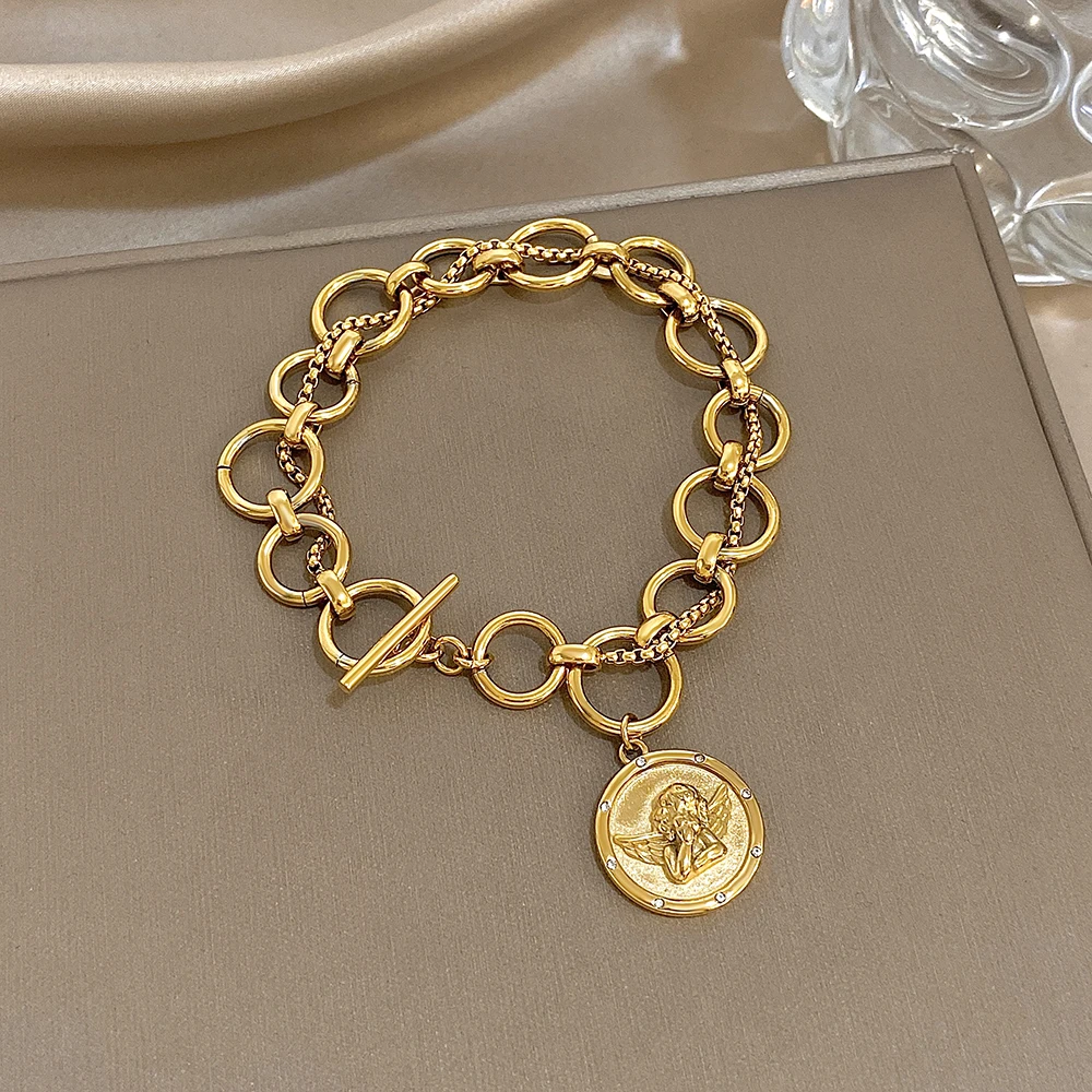 

Vintage Stainless Steel Thick Chain Bracelet Women Fashion Gold Color Angel Statue Charm Bracelet Waterproof Jewelry Gift