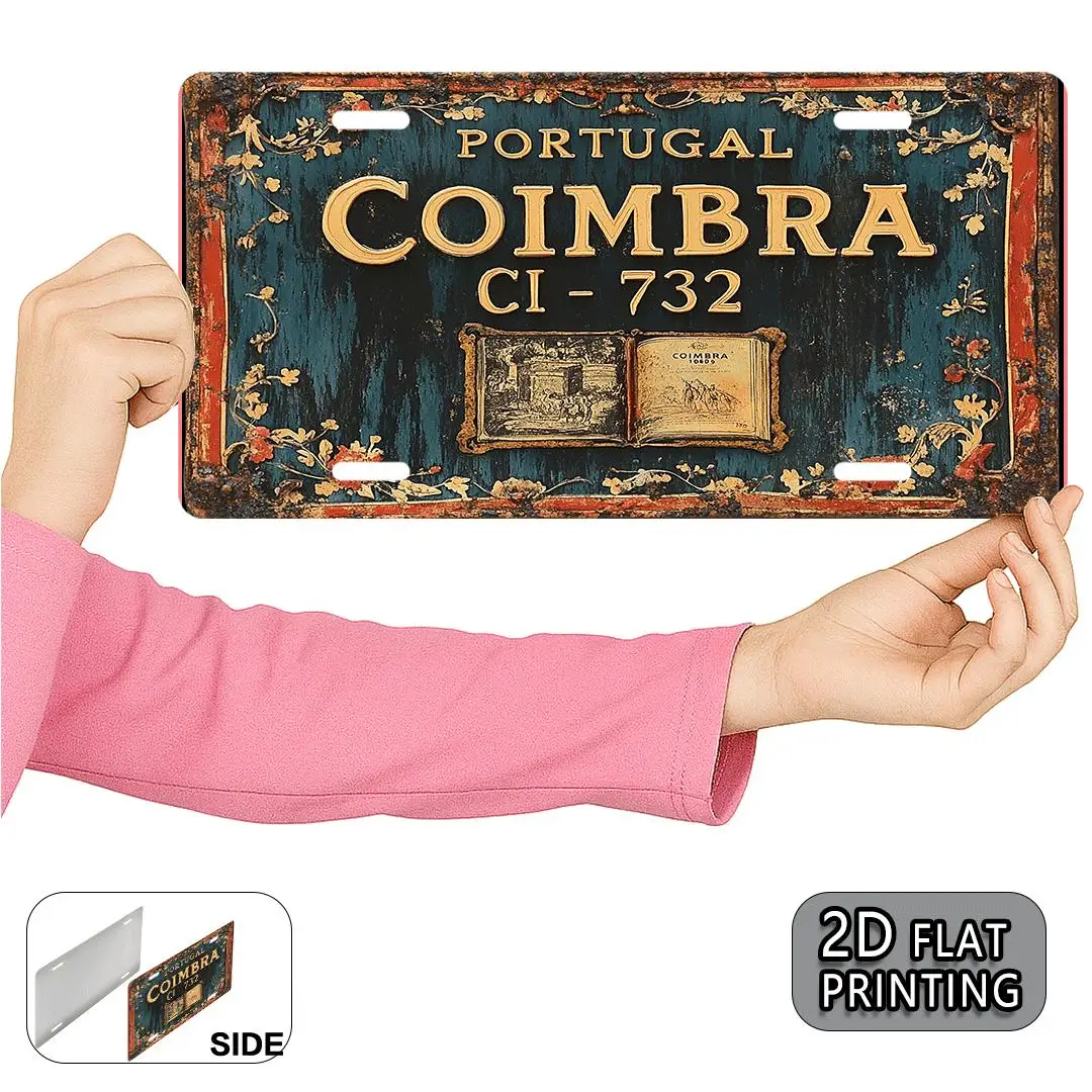 2D Flat, 1pc Vintage Portuguese Coimbra Licence Plate Sign - Metal Wall-Mounted Retro Plaque with Coimbra Text, 29.97cm x 14.99c