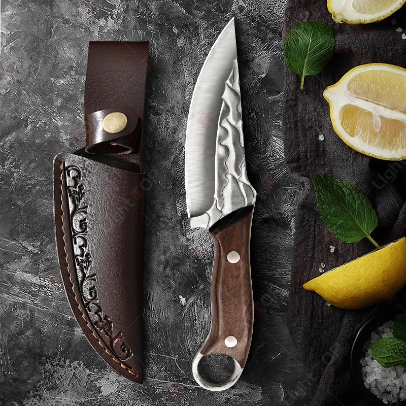 Multifunctional Kitchen Knife Handmade Forged Boning Knife Meat Cutting Fruit Knives Wooden Handle Stainless Steel BBQ Knife