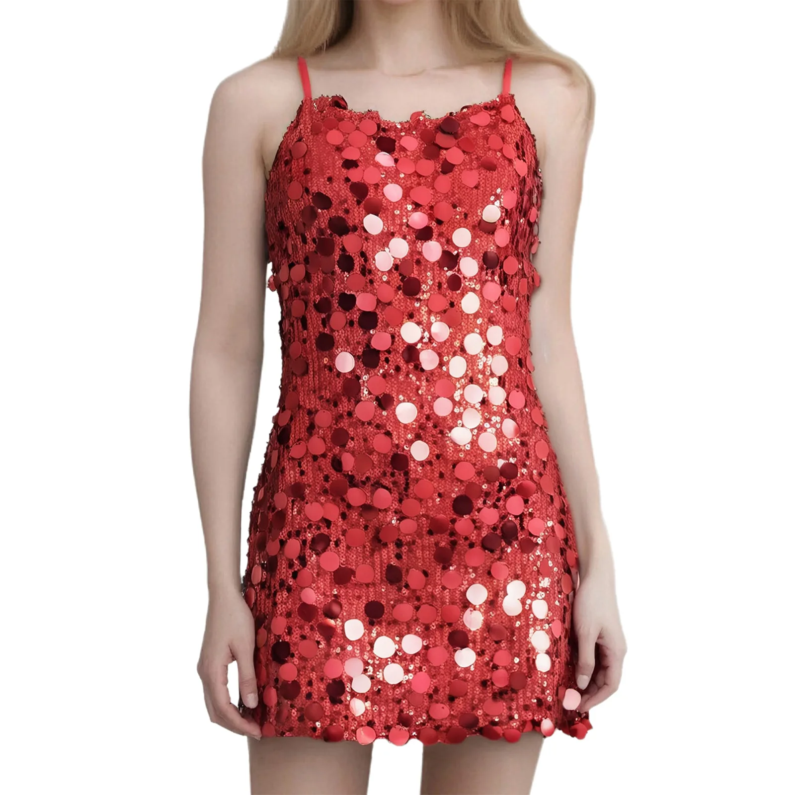 

Women Fashionable Sequins Pencil Dress Spaghetti Straps Sleeveless Mini Dress Sparkle Party Cocktail Club Disco Dance Dress