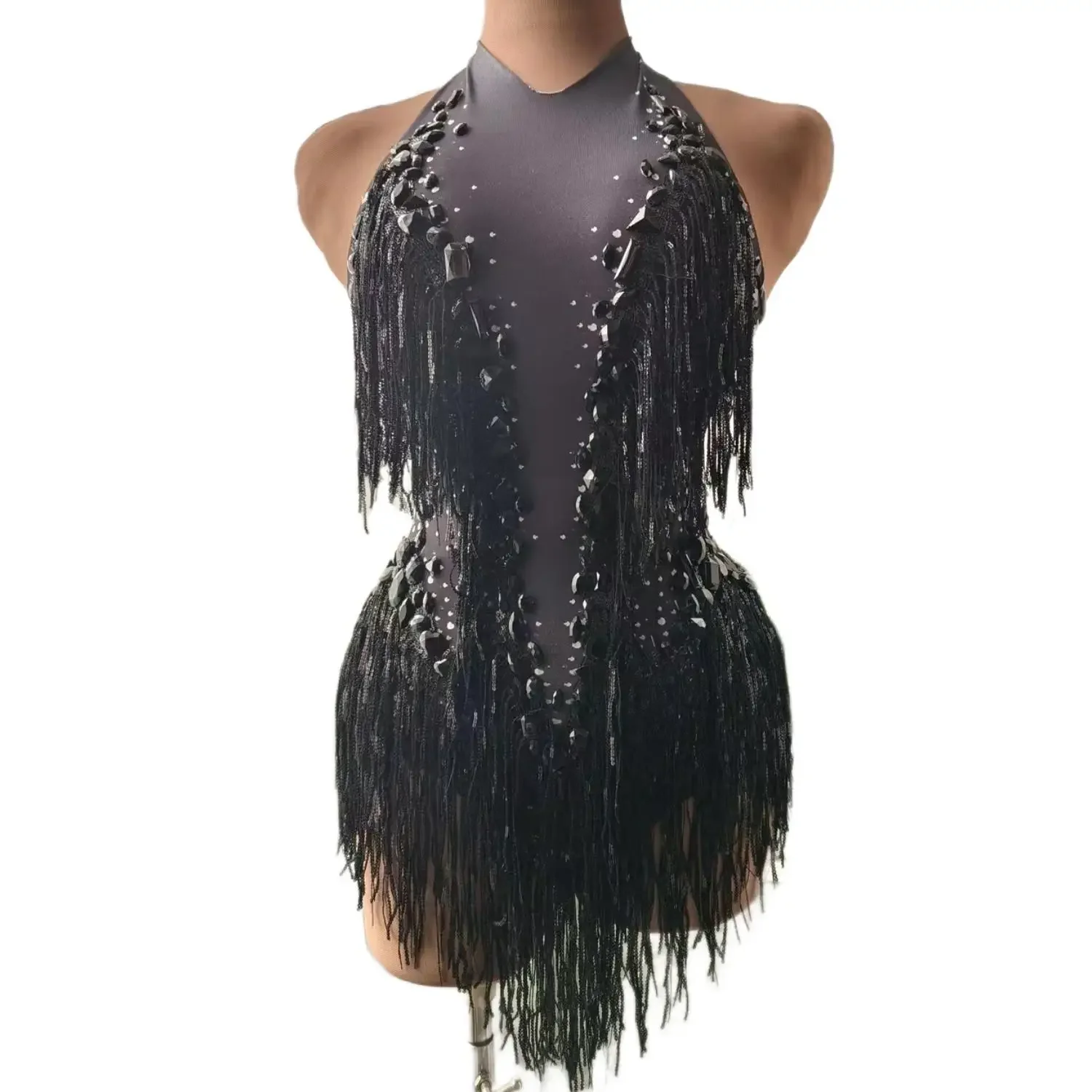 Women Nightclub Outfit Dance Costume One-piece Stage Wear Sexy Performance Clothing Sparkly Black Stones Sequins Fringes Leotard