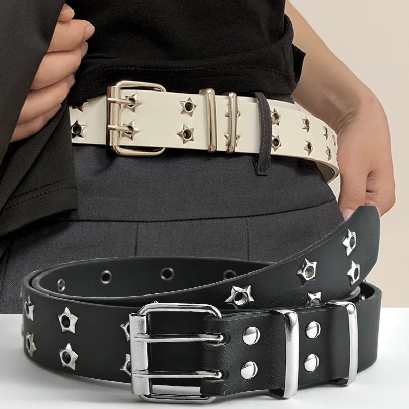 110cm Waist Belt Y2K Punk Rivet Leather Belts Women Men Star PU Black White Waist Strap Double Row Hollow for Jeans Skirt Decor