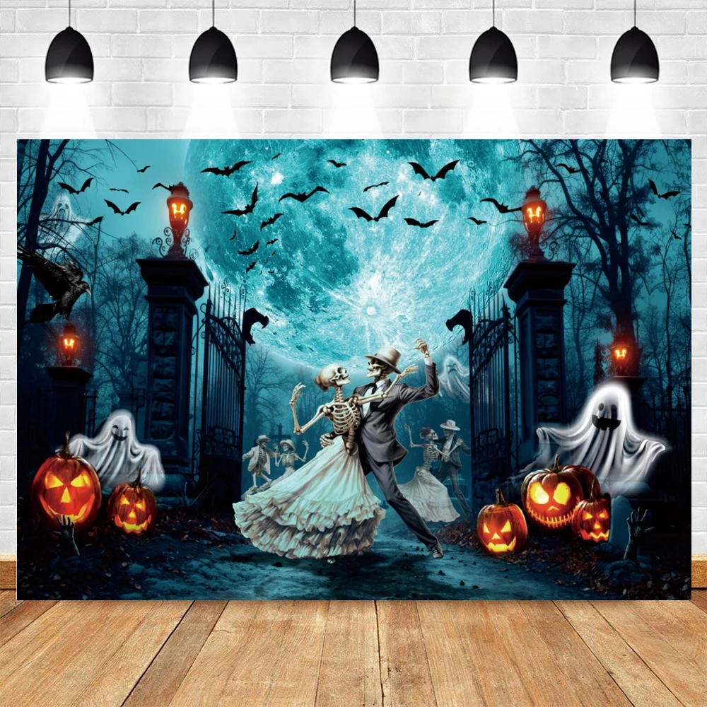 Halloween Party Decor Photography Backdrop Night Full Moon Pumpkin Lantern Gloomy Woods Horrible Cemetery Photo Background Props