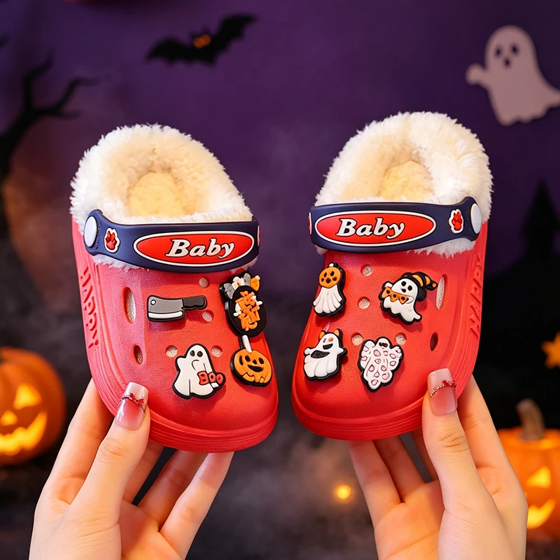 Niedliche Halloween-Geister-Kürbis-Dekoration, gefütterte Clogs für Kleinkinder, warme, rutschfeste Hausschuhe für Jungen und Mädchen. – Detail 7