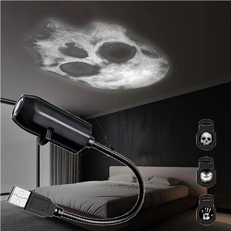 Skull Projection Lamp USB Halloween Night Light Dark Ceiling Wall AtmosphereLight 360Degree Rotating Switchable Pattern Design