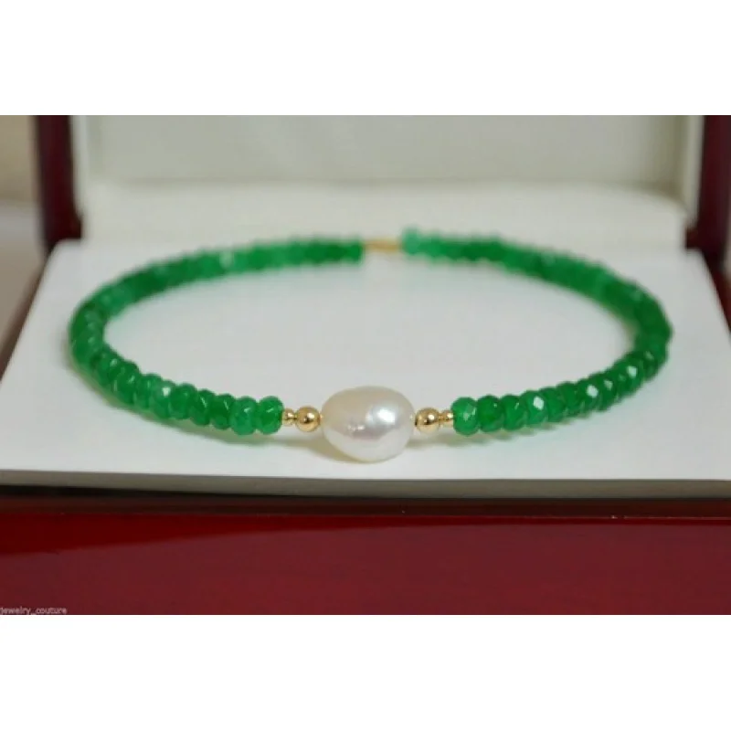 

Natural Faceted Green Emerald South Sea Pearl 14K Yellow Gold Bangle Bracelet