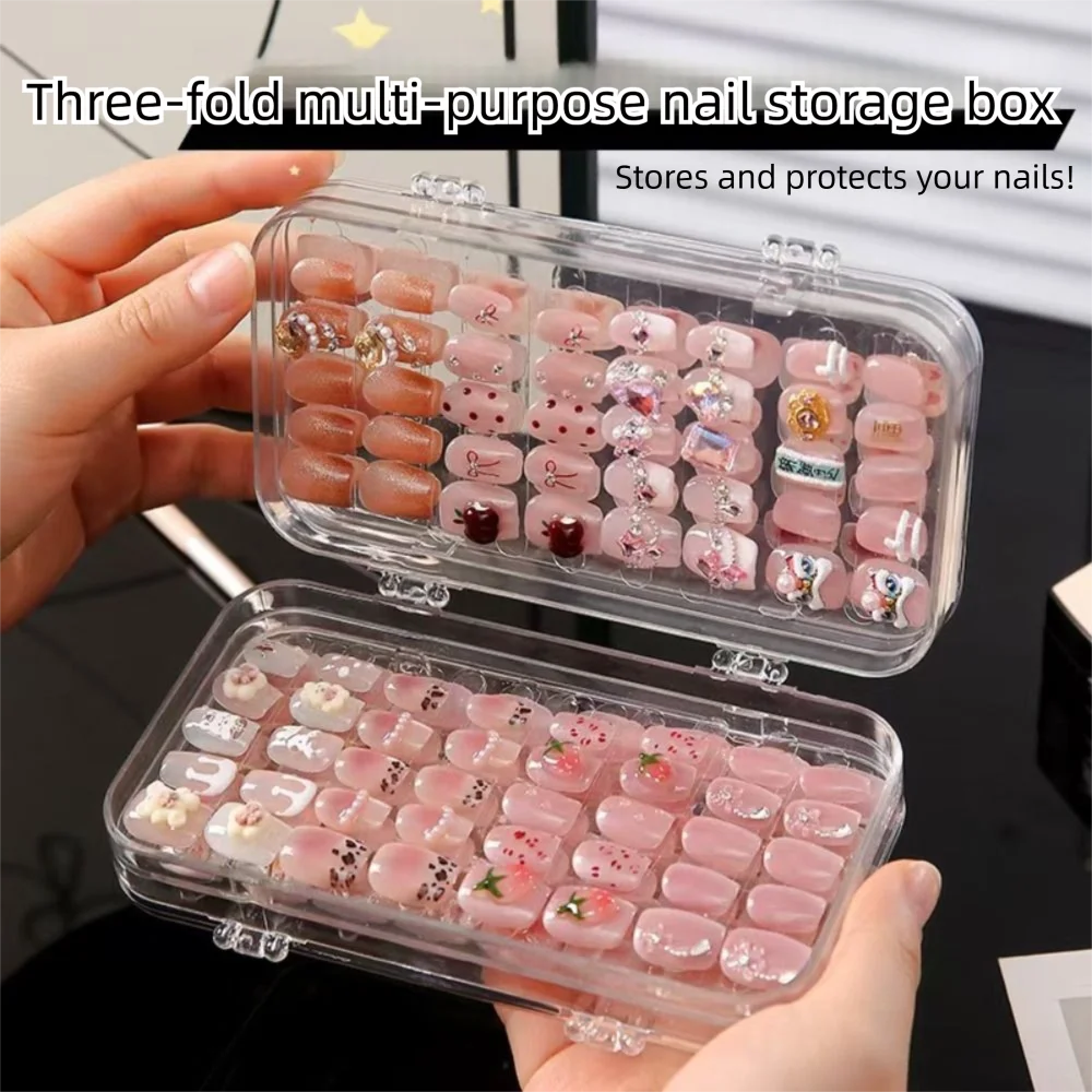 New Transparent Nail Art Storage Box Three-Fold Large Capacity Artificial Nails Organizer Dustproof Press-on Nails Display Stand