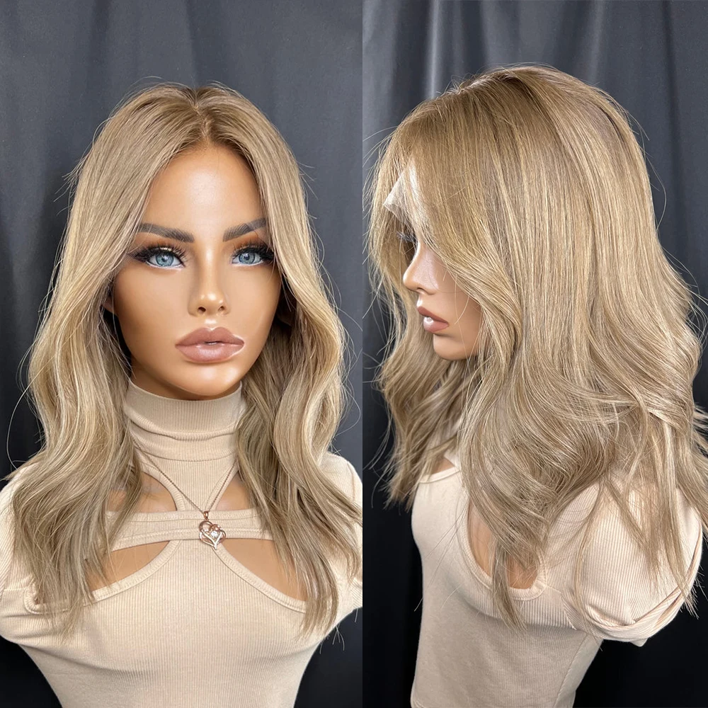 Medium Length Warm Blonde Highlight Lace Front Wig Dark Brown Roots Natural Hairline HD Lace Human Hair 13x6 Lace Front Wig 200%