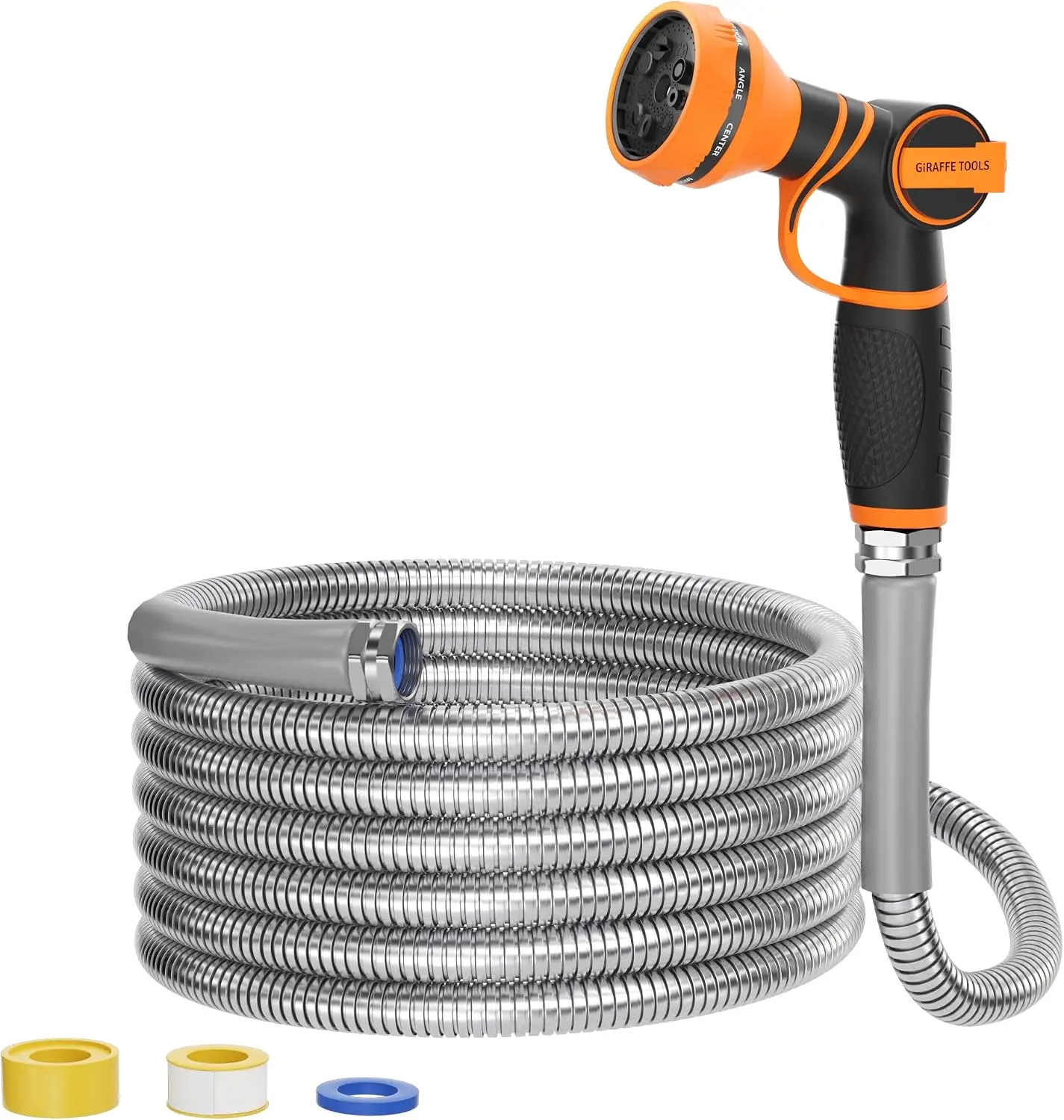 Giraffe Tools Flexible 304 Stainless Steel Metal Garden Hose, 5/8 Inch Lightweight Kink Resistant Water Hose with 9 Adjustable Spray Modes Nozzle, for Outdoor Yard Watering