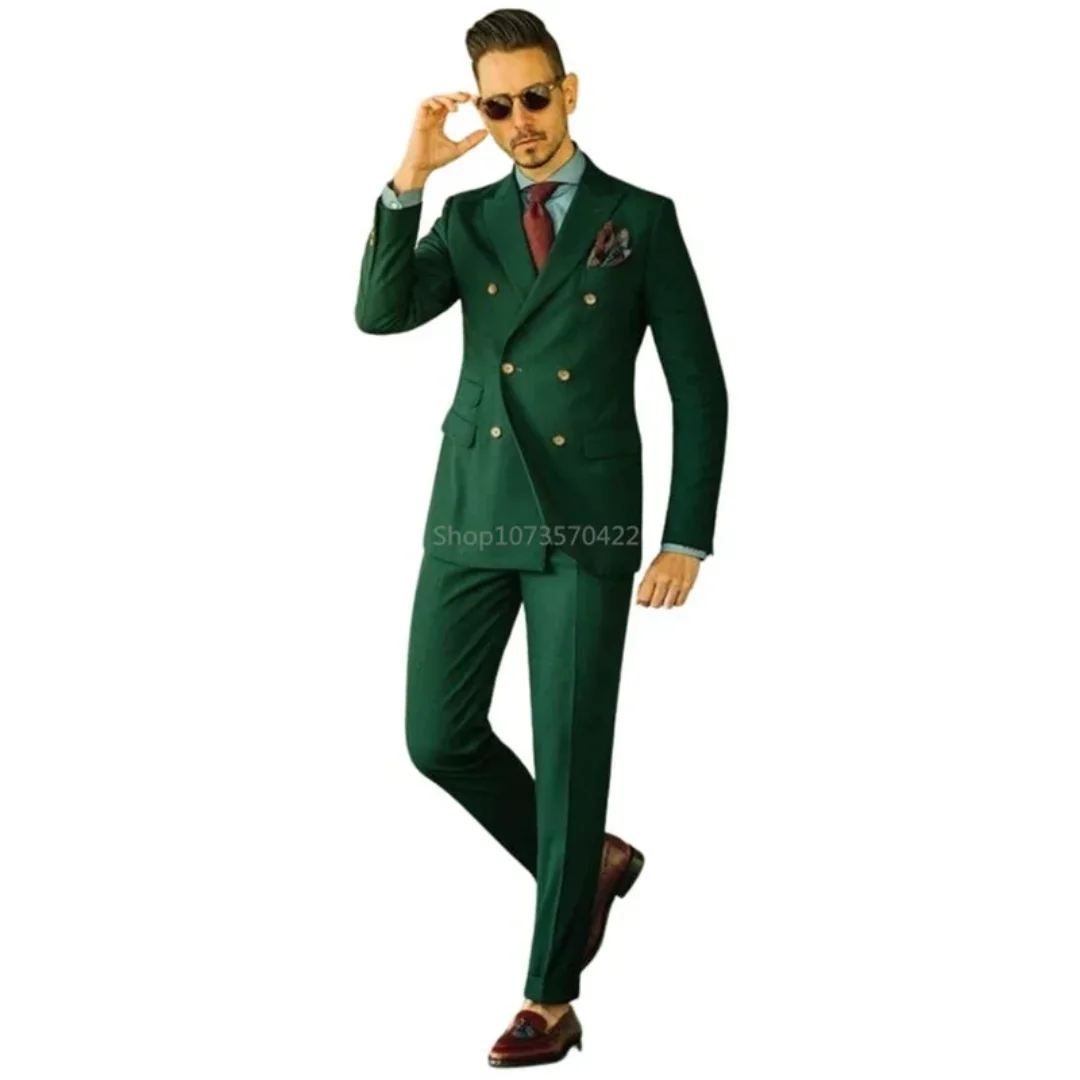 2 Piece Green Wedding Tuxedo Men Suit Peak Lapel Slim Fit Double Breasted Groom Wear Formal Party Prom Blazer (Jacket+Pants)