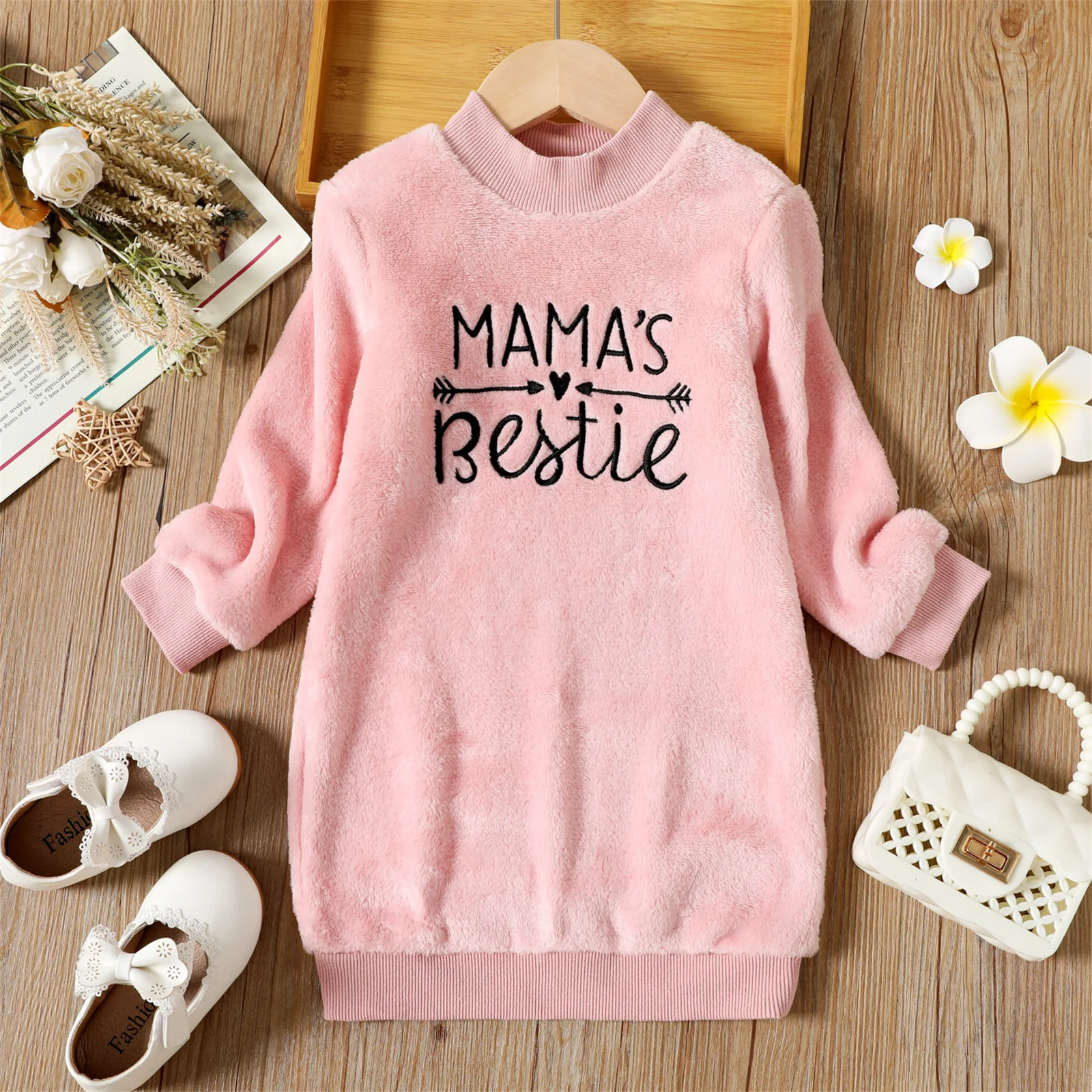 PatPat Toddler Girl Letter Embroidered Fleece Mock Neck Long-sleeve Pink Sweatshirt Dress