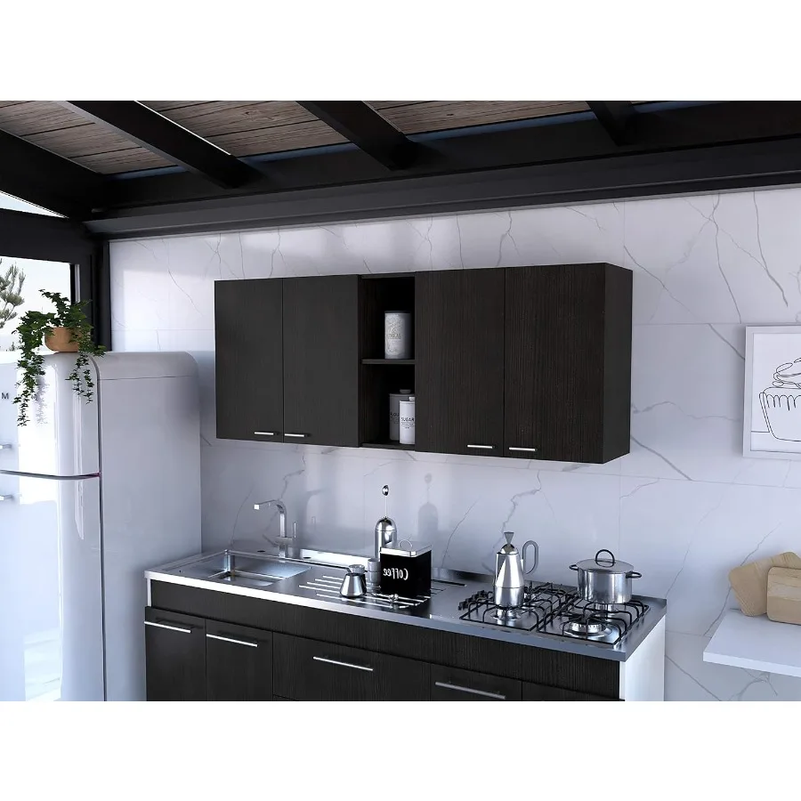 Wall-mounted kitchen cabinet with four doors, two open shelves, two internal shelves, dish and glass organizer, 24 H, black, fo