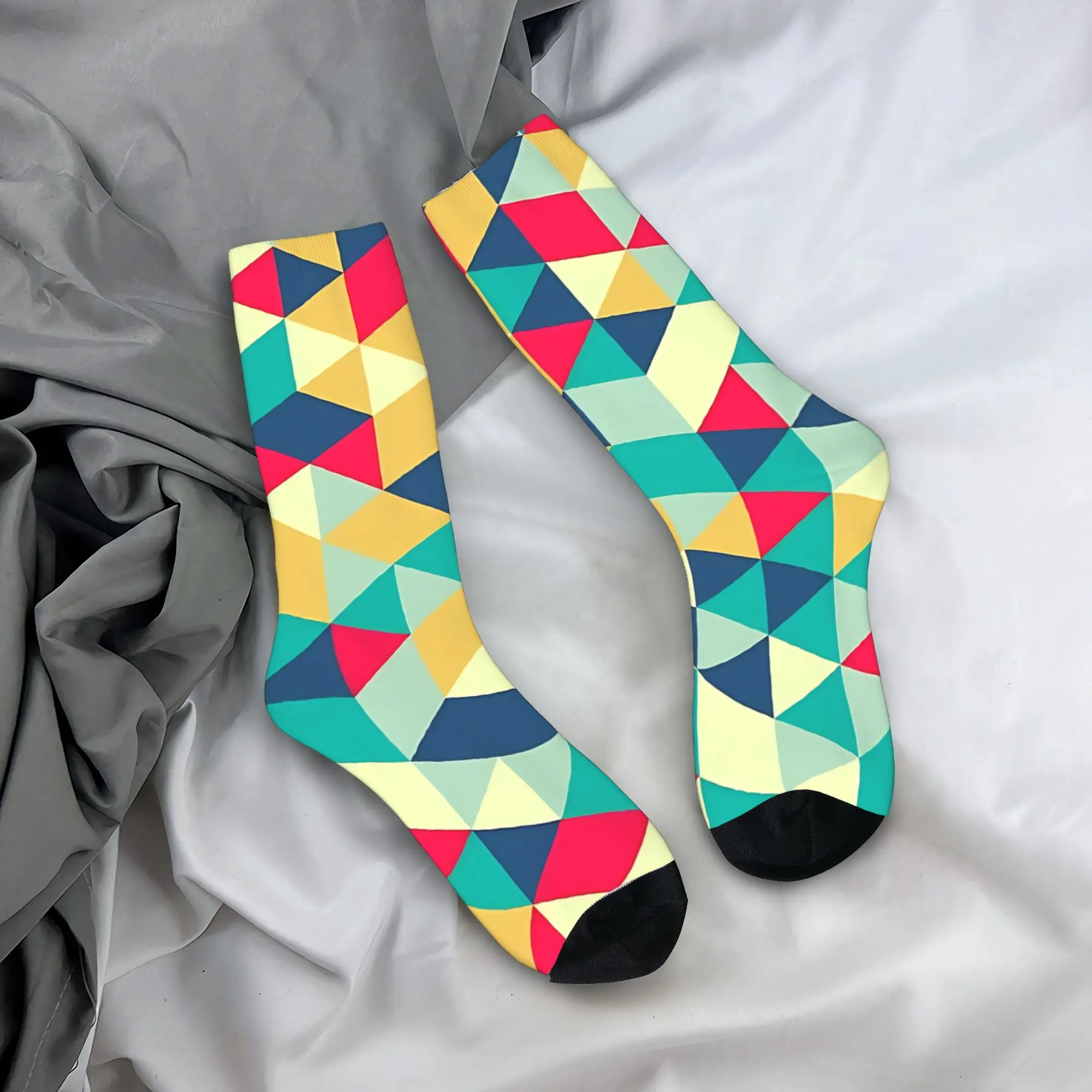 

Geometric Design With Colorful Triangles Stockings Custom Funny Socks Autumn Non Slip Socks Women Men Cycling Breathable Socks