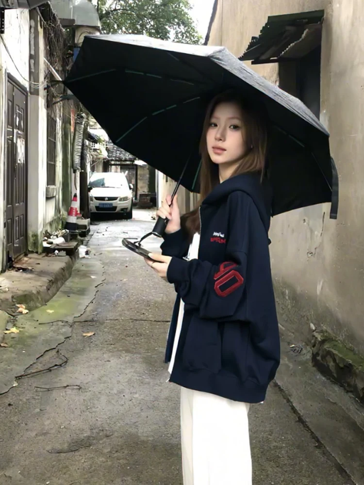 레트로 아메리칸 니트 모자 스웨트셔츠 여성용 봄 가을 신상 오버사이즈 하이 스트리트 커플 코트 자수 긴팔