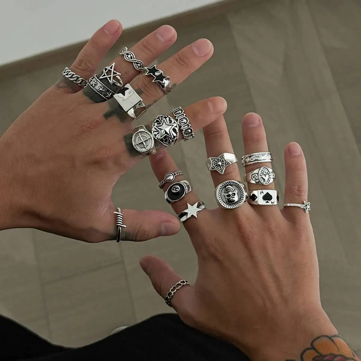 SHIXIN 20Pcs/Set Punk Geometric Stars Rings Men Hip Hop Stackable Silver Color Knuckle Rings Set Fashion Jewelry  Accessories