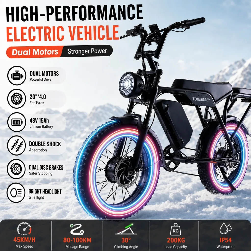 

Adult Electric Bicycle, Road Electric Bicycle， Mountain Bike,Range 50 Km/100 Km, Electric Mountain Bike,20-inch * 4.0 Wide Tires,58V 15AH Battery, 500W Motor , Top Speed 45 Km/h, Range 50 Km/100 Km, 20-inch * 4.0 Wide Tires.