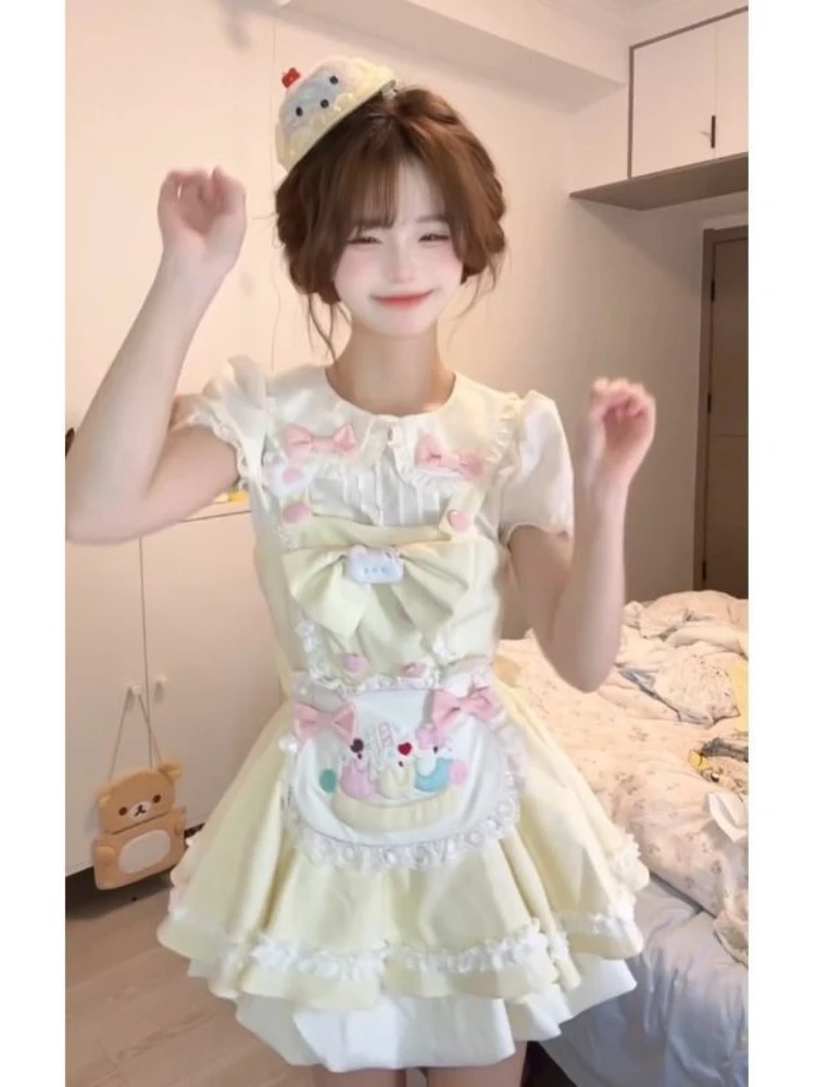 

Sweet Cute Cartoon Lace Patchwork Strap Dress Women Summer New Doll Collar Shirt 2-piece Set Design Kawaii Bow Dresses Outfits
